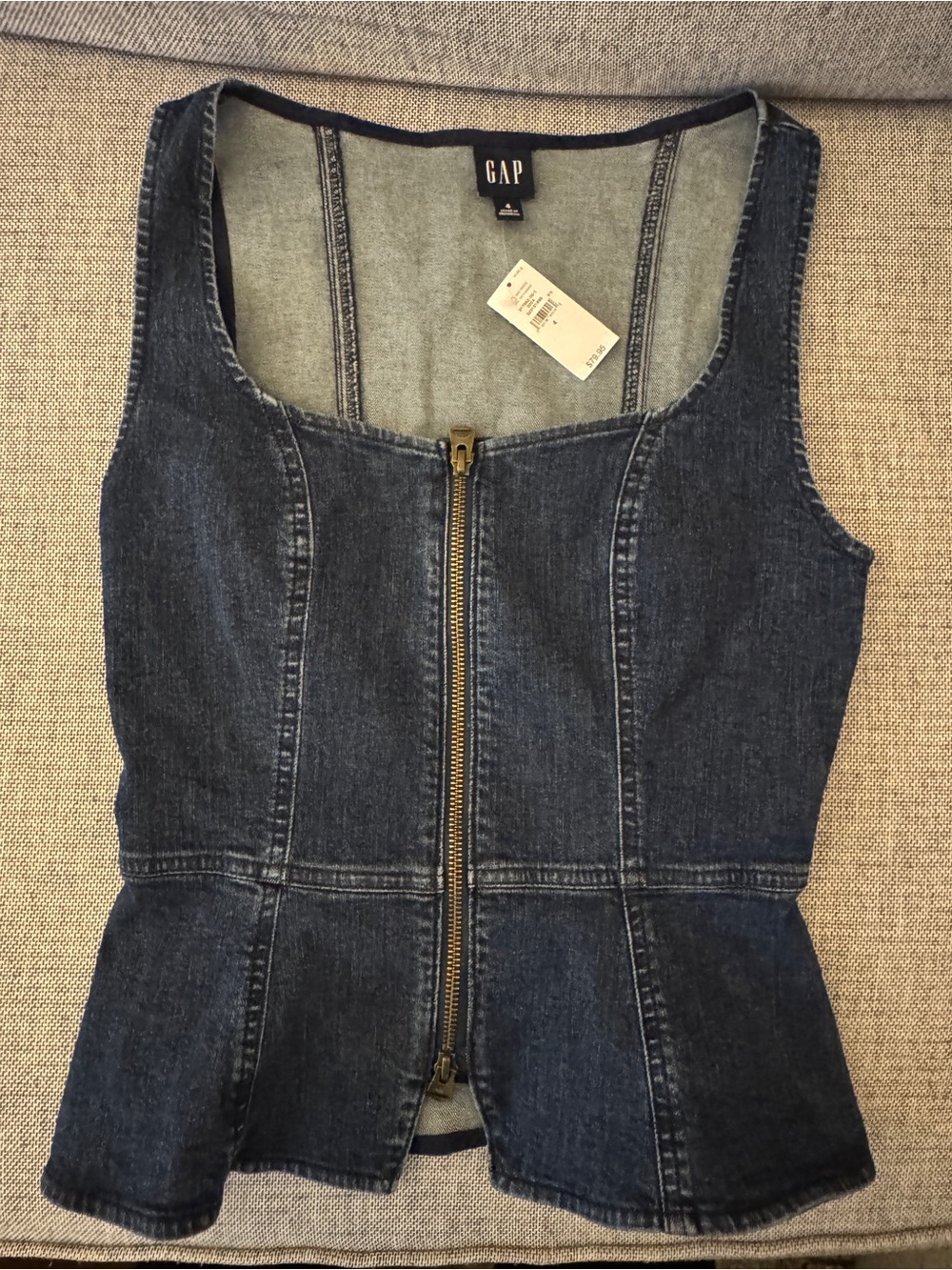 GAP Dark Blue Denim Zip-Front Peplum Top